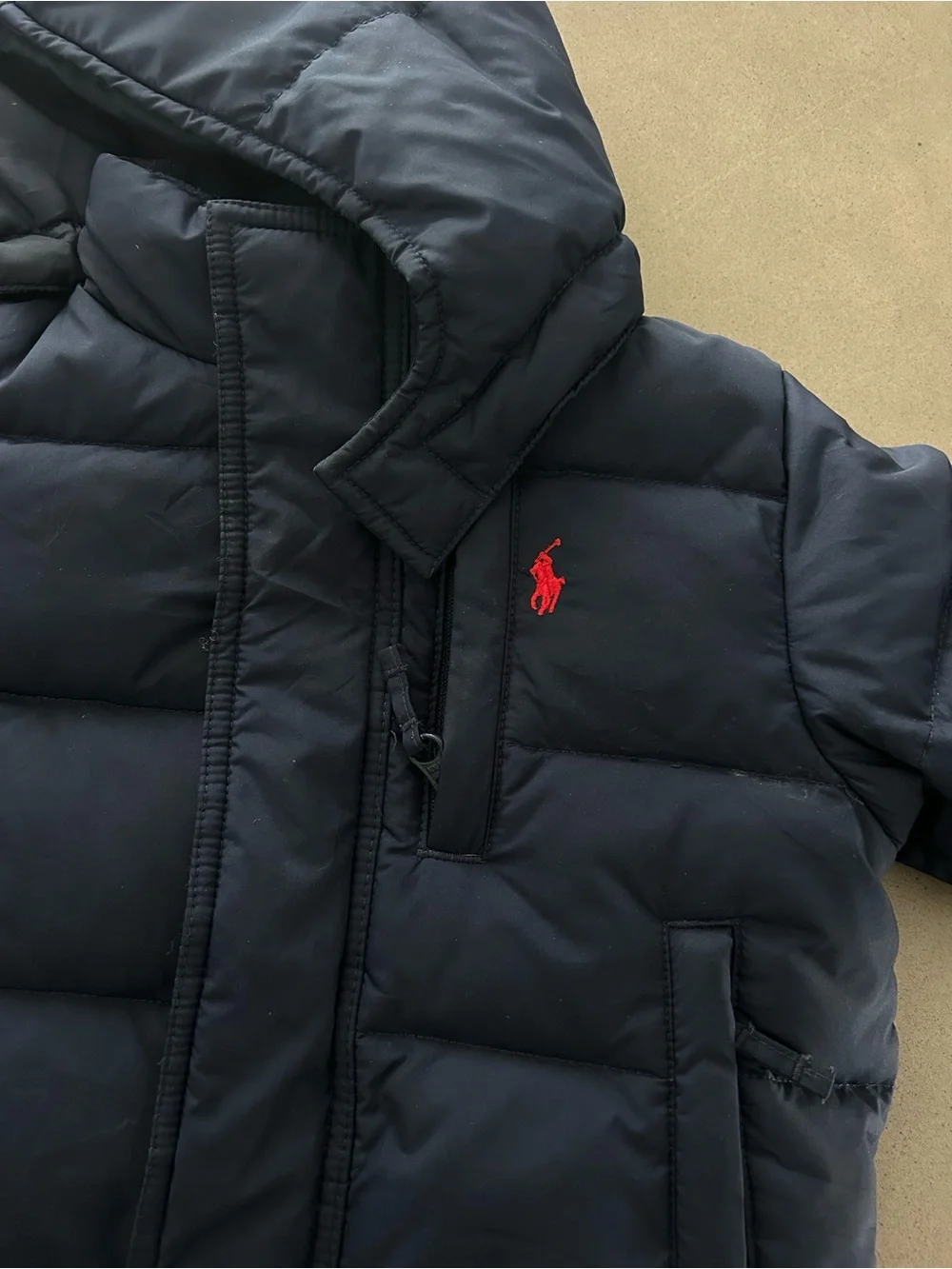 12M Polo Ralph Lauren Navy Puffer Jacket with Red Pony detachable hood EUC